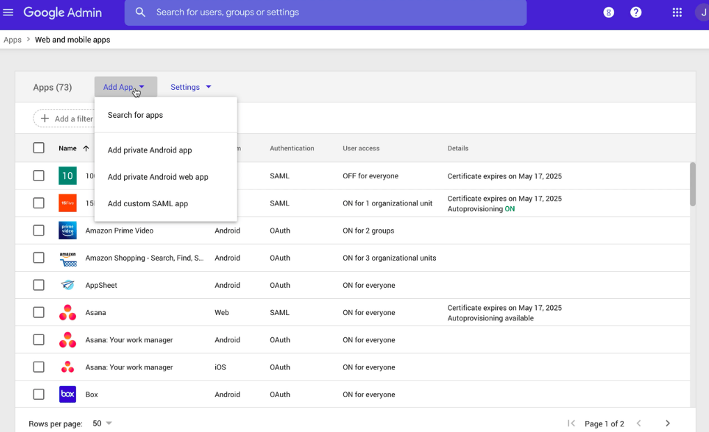 Apps list on Google admin console