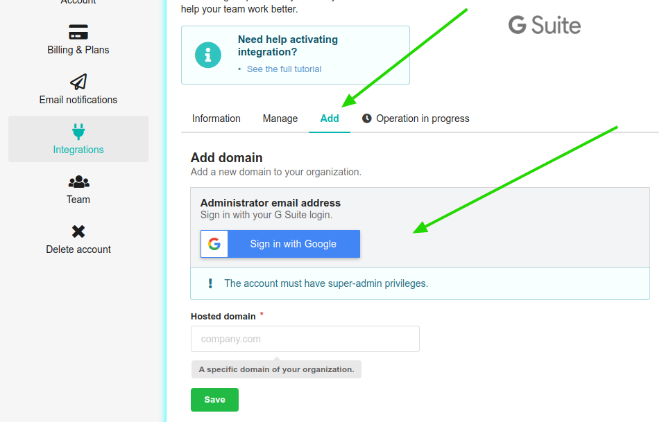 Add new domain in G Suite integration