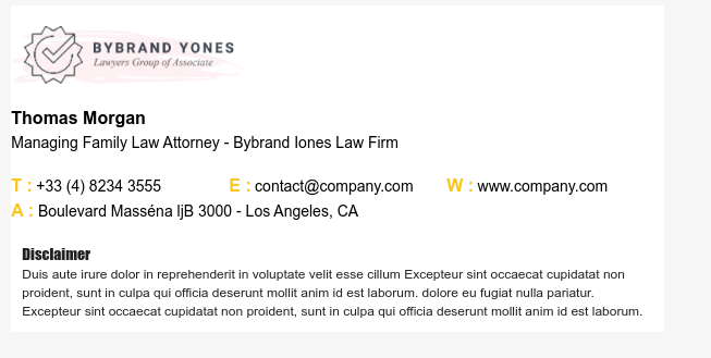 Lawyer email signature with logo and disclaimer.