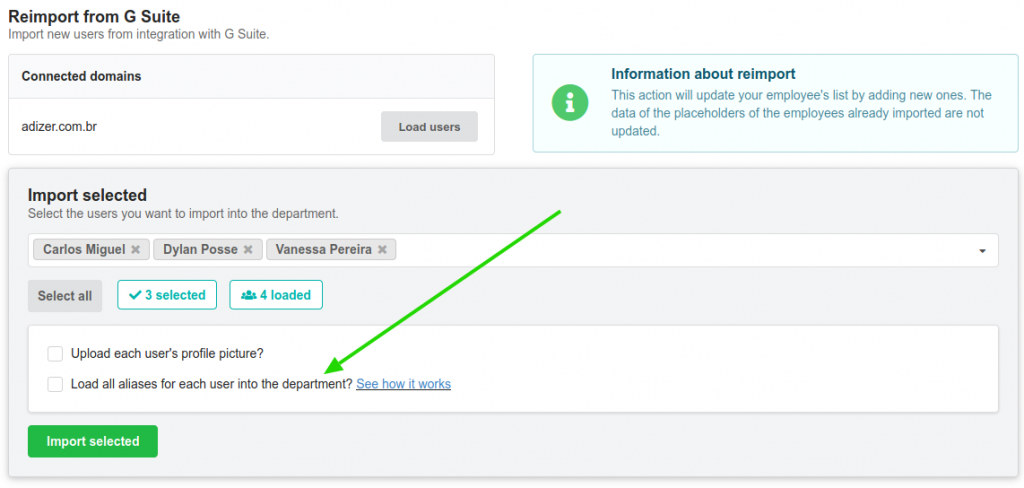 Import alias addresses to department