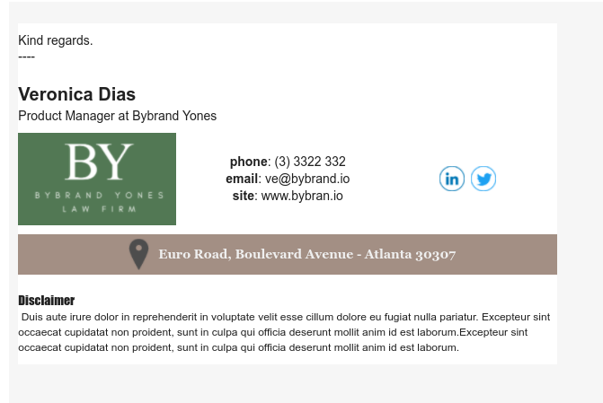 Exemplo de assinatura de e-mail ampla