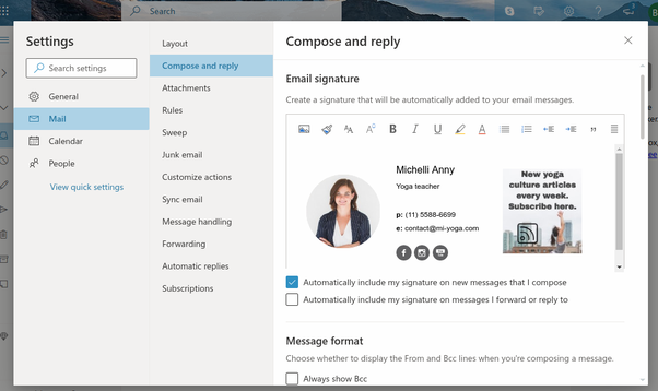Example of professional email signature on Outlook.