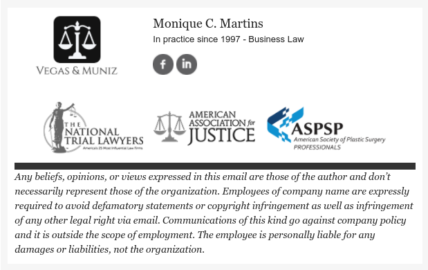 Email signature example with legal disclaimer area.