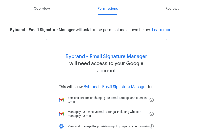 Permissions menu on Google Marketplace