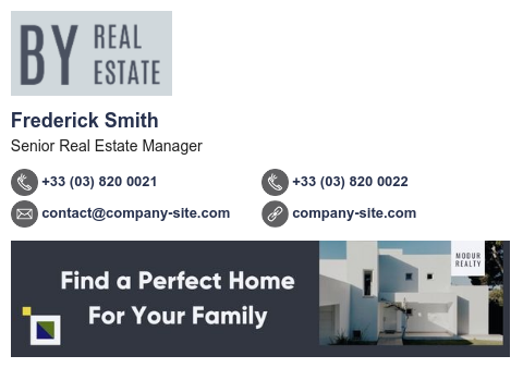 Email signature for real estate with banner and logo.