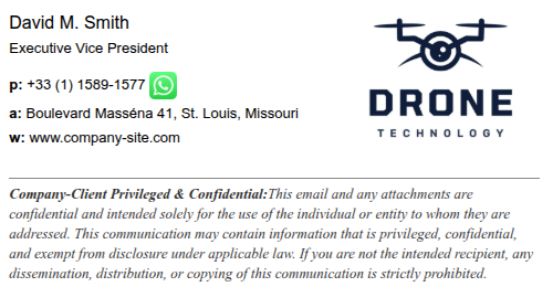 Example of a professional email signature with a confidentiality notice