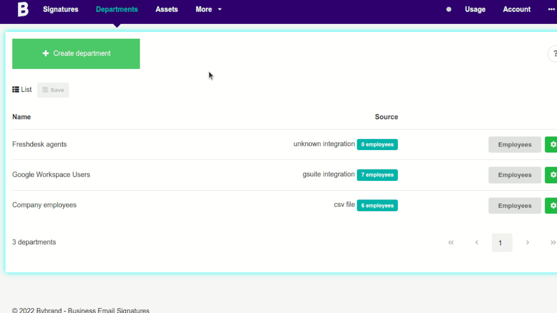 View departments in list or grid mode.