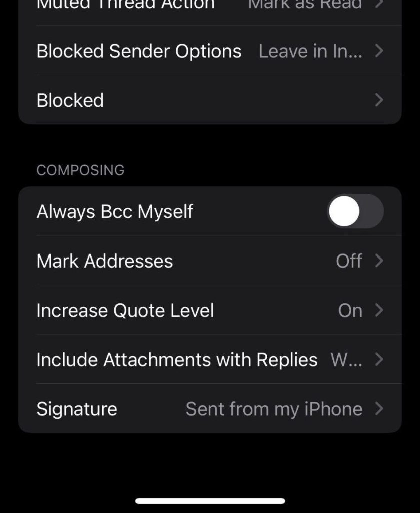 Signature section on iPhone