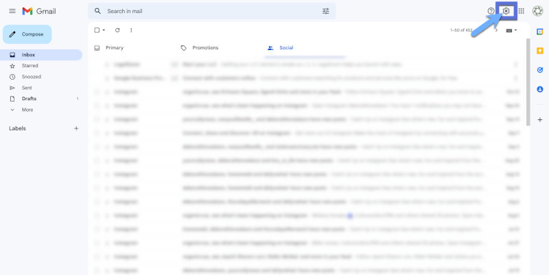 Gmail botão de Configurações
