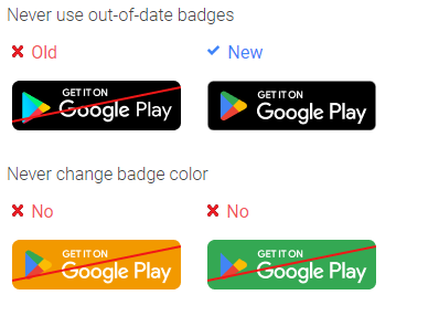O que fazer e o que não fazer com o emblema do Google Play ou App Store.