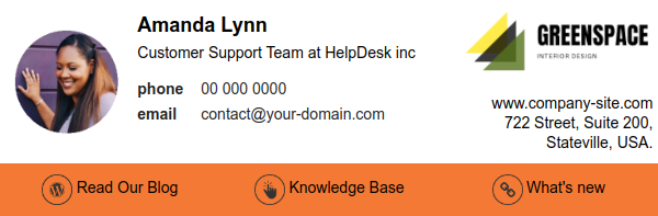 Email signature example for help desk software with highlighted links.