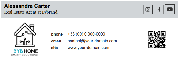 Exemplo de assinatura de e-mail com ícones no cabeçalho.