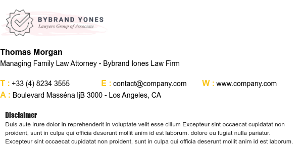 Lawyer email signature with logo and disclaimer.