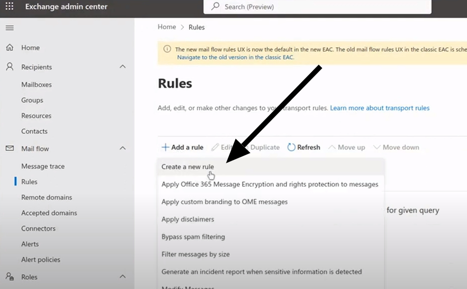 MS 365 add rule to Exchange