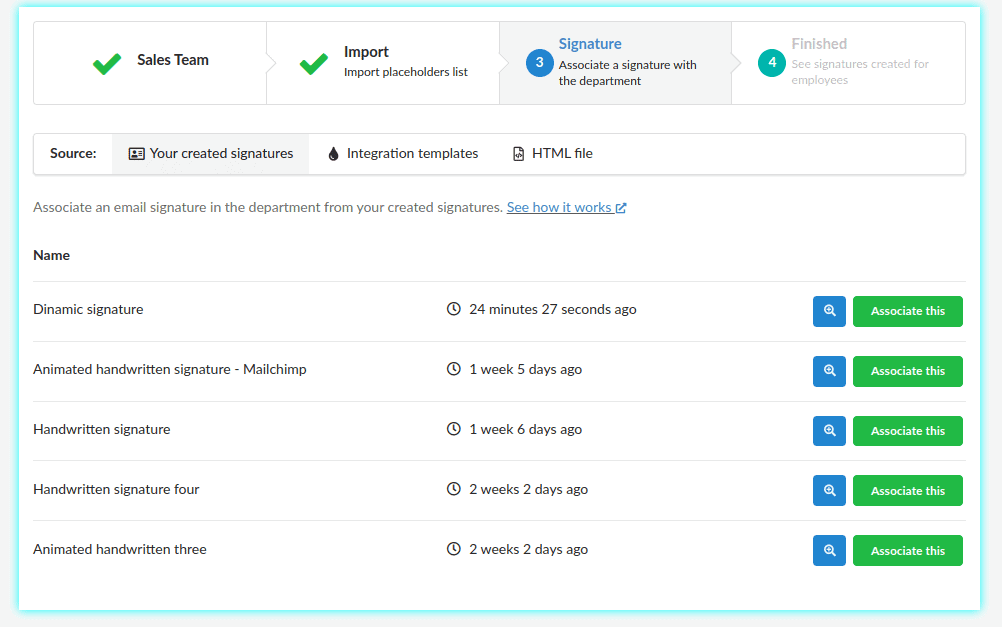 Etapa associar uma assinatura de e-mail