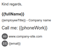 Exemplo um de assinatura de e-mail HTML com espaços reservados.