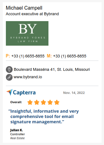 Email signature example with a Capterra review banner.