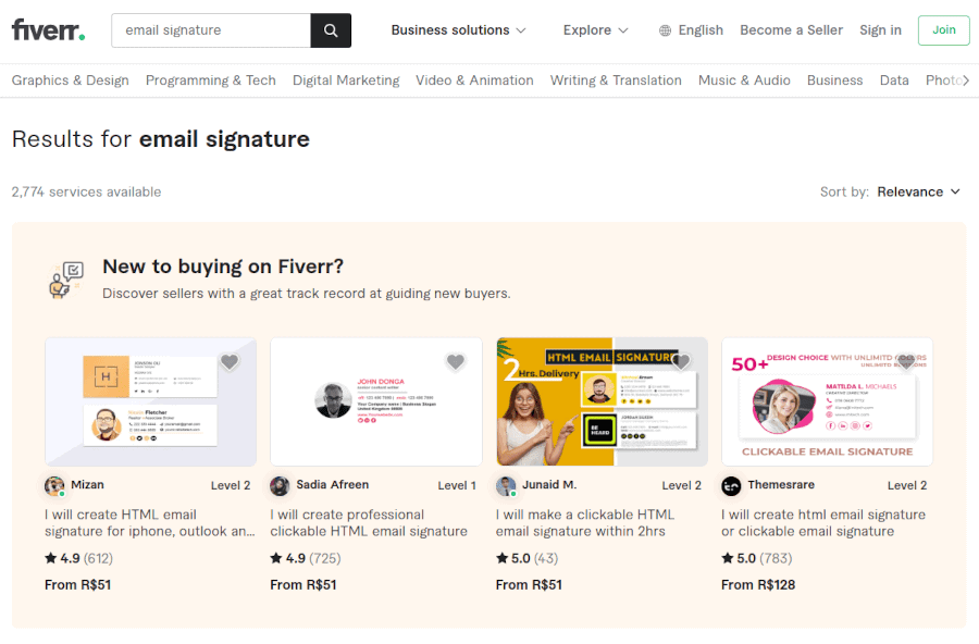 Fiverr searches for email signature.