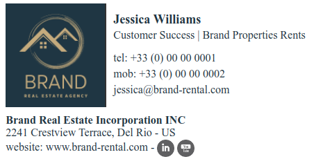 Branded email signature for rental firm.