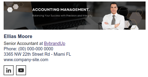Example of an email signature for an accountant, with banner.