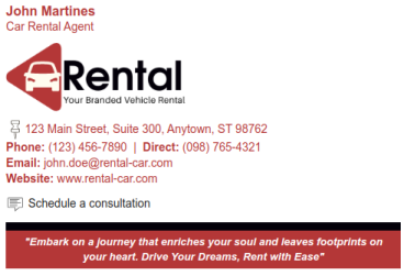 Email signature for rental industry with brand color.