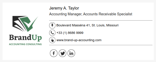 Exemplo de assinatura de e-mail para um escritório de contabilidade.