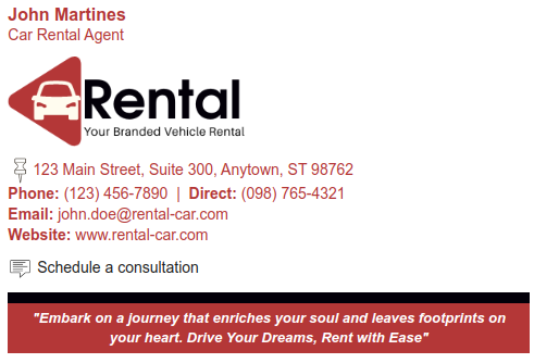 Email signature for rental industry with brand color.