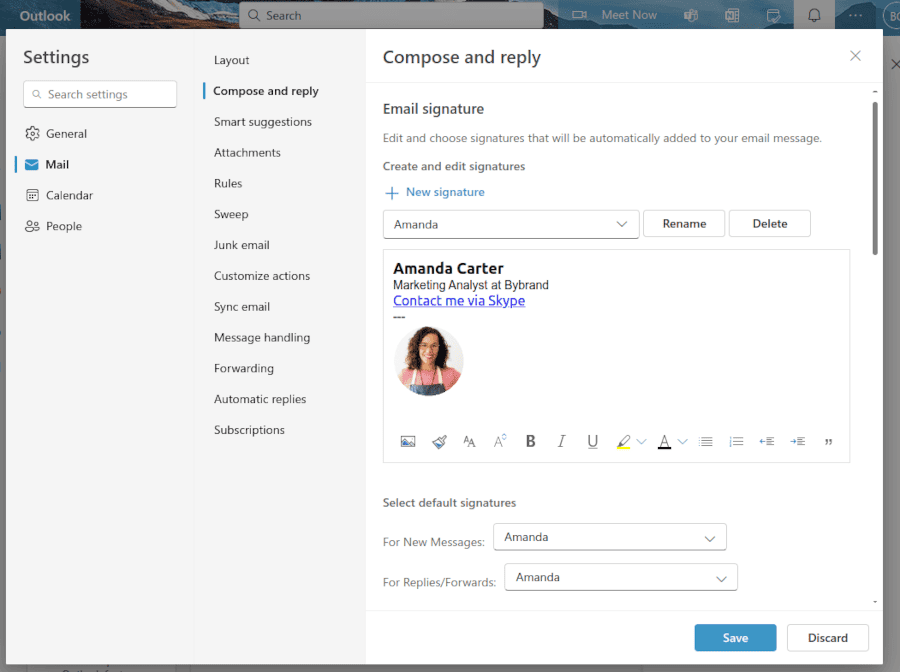 Example of a Skype link in email signature for Outlook