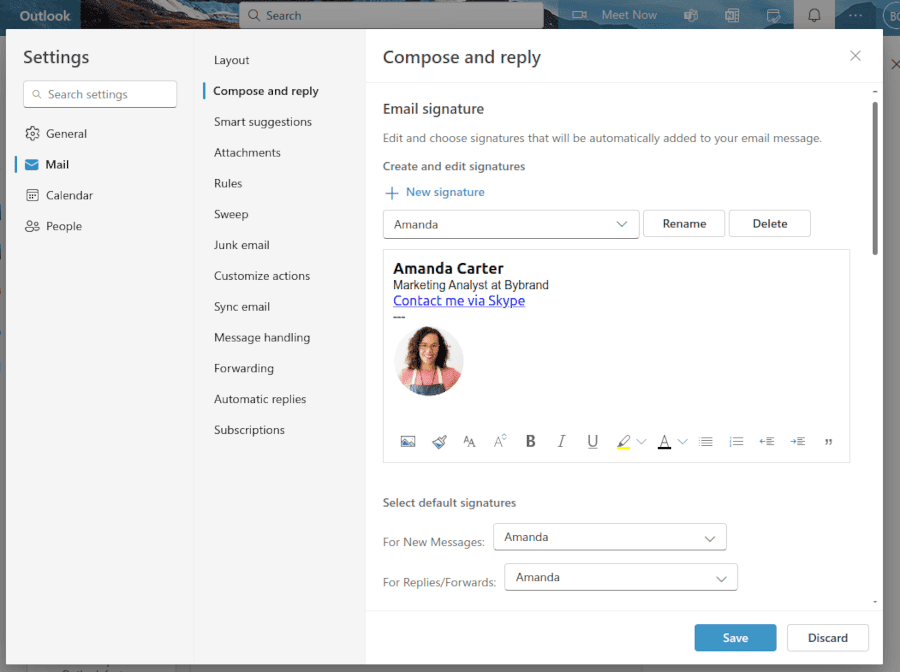 Exemplo de um link do Skype na assinatura de e-mail para o Outlook