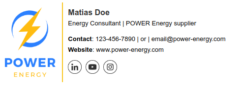 Exemplo de assinatura de e-mail para fornecedores de energia com logotipo
