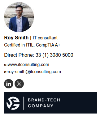 IT consultant HTML signature with profile photo.