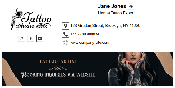Exemplo de assinatura de e-mail de um artista de tatuagem.