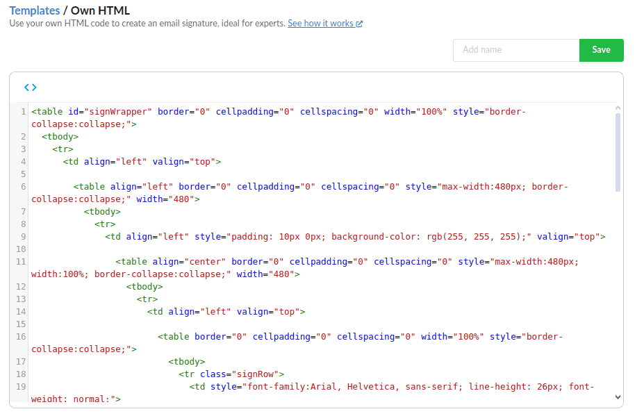 Create a signature using your own HTML.