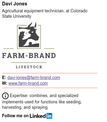 Ideia de assinatura de e-mail de técnico de equipamentos agrícolas.