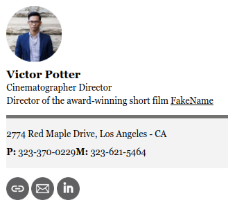 Filmmaker email signature template with profile photo.