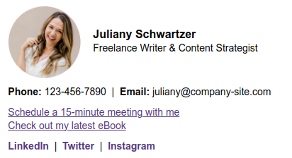 Exemplo de assinatura de e-mail de escritor freelancer.