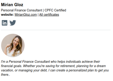 Personal Finance Consultant HTML signature idea.