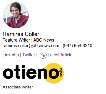 Ideia de assinatura de e-mail para jornalista com foto de rosto.