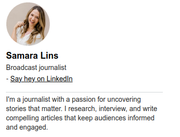 Assinatura HTML baseada no LinkedIn para um jornalista.