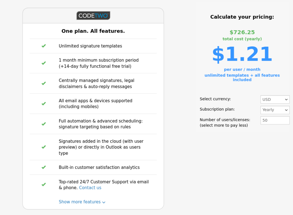 Pricing CodeTwo for 50 users.