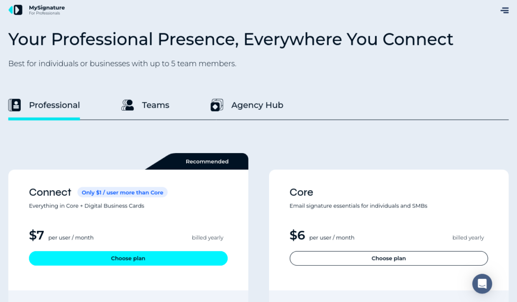 MySignature pricing page.