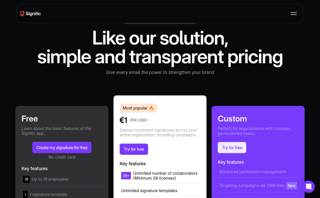 Page de tarification de Signitic.