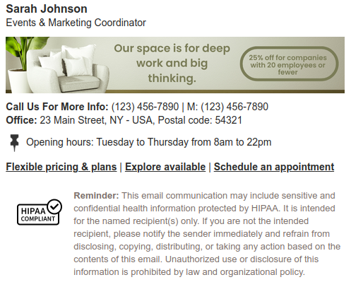 An example email signature for a private office.
