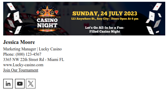 Casino marketing manager email signature example.