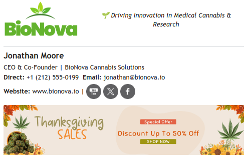 Signature with marketing content.