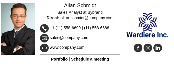 3-column email signature, 600px wide.