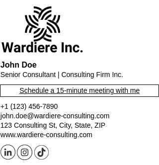 1-column email signature, 320px wide.