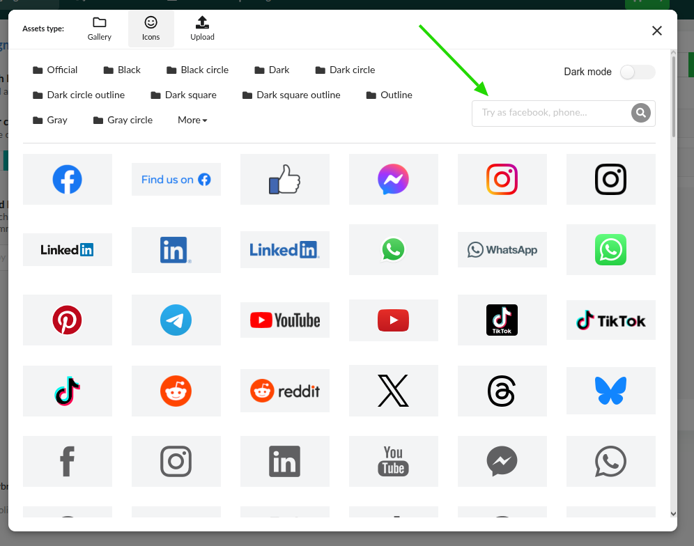 Search box in the editor's icon gallery.