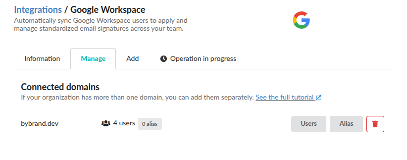 Nuevo dominio agregado en la integración de Google Workspace.