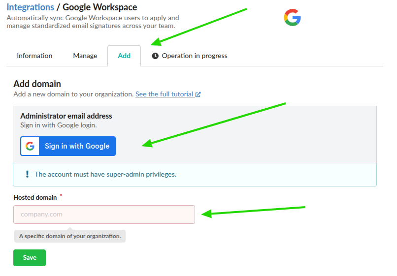 Agregar nuevo dominio en la integración de Google Workspace.